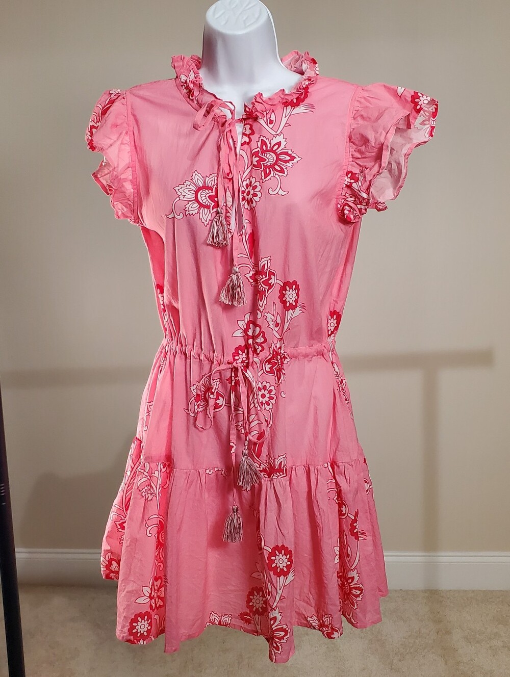 Bindu - Pink - Floral - Tiered - Mini Dress M • Flutter Sleeve Tassel Detail